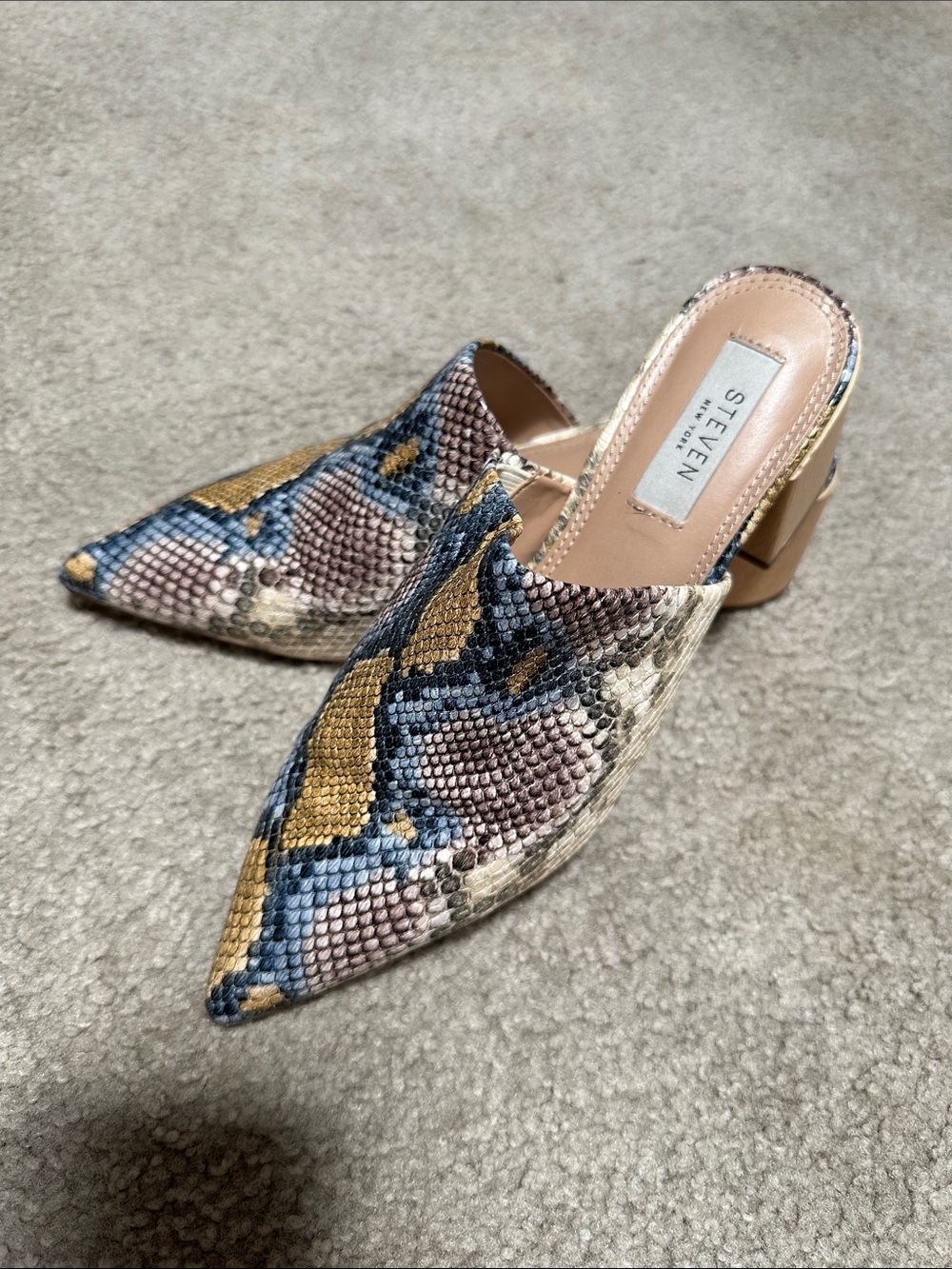 Steven By Steve Madden Blue, Tan & Pink Snake-Print Pointed Mules worn twice